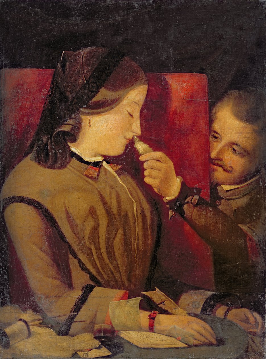 Mand, der kilder en kvindes næse med en fjer, c.1860 af Thomas Wade