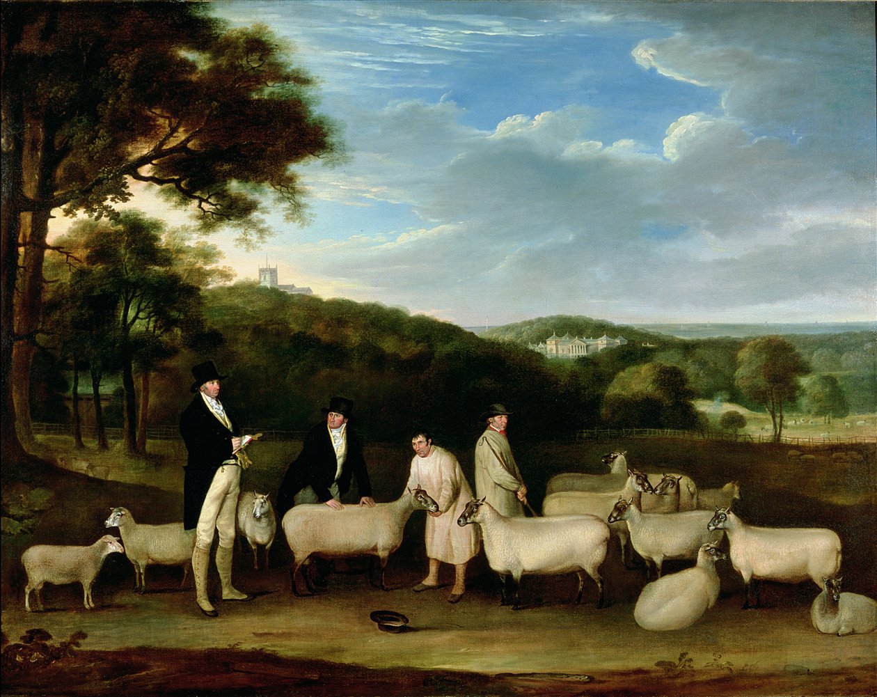 Portræt af Thomas William Coke, Esq. (1752-1842) inspicerede nogle af sine South Down-får med Mr. Walton og Holkham-hyrderne af Thomas Weaver