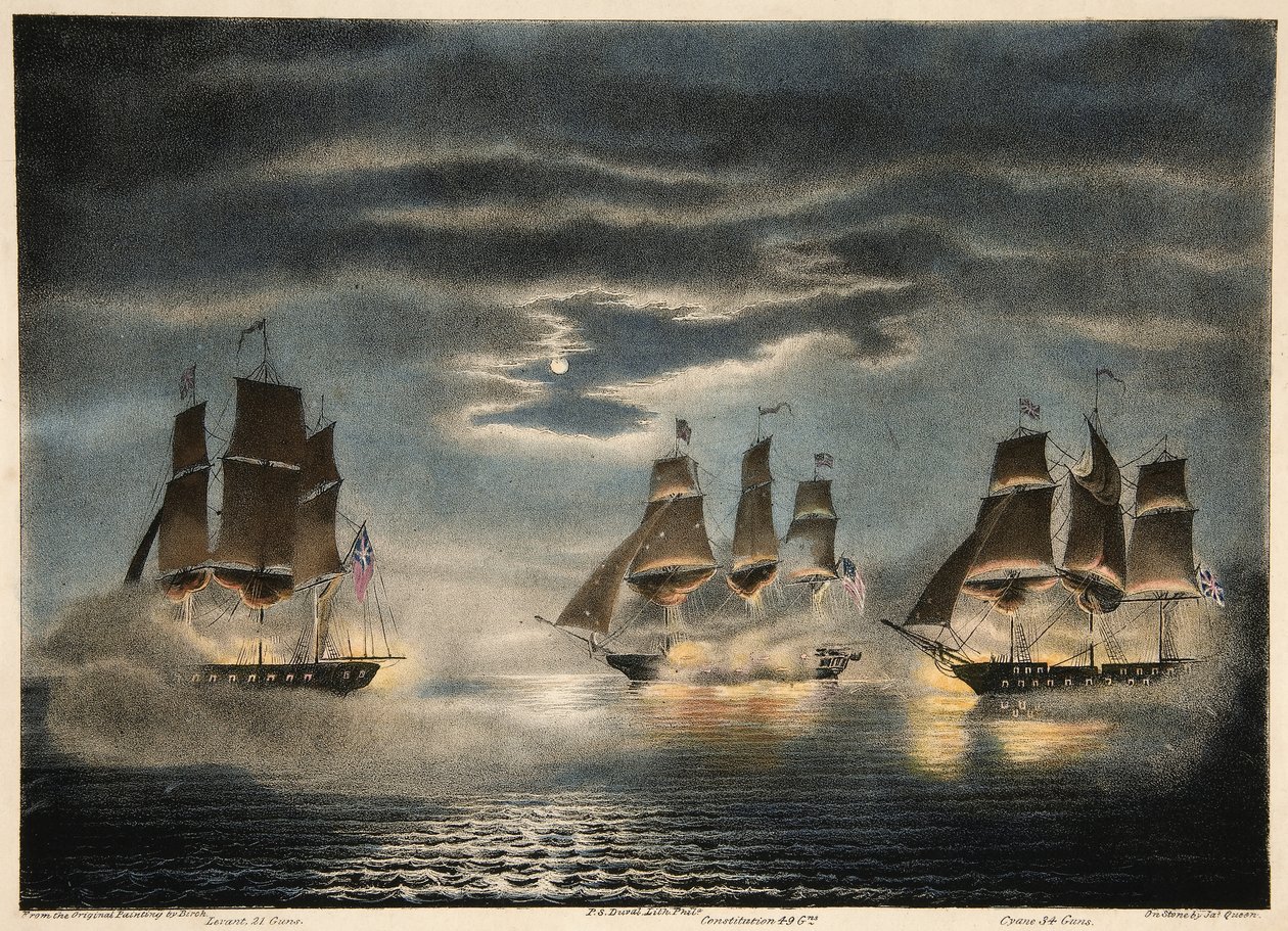 Fangst af H.M. Ships Cyane and Levant, af U.S. Fregate Constitution, fra Army and Navy Magazine, pub. 1840 af Thomas after Birch