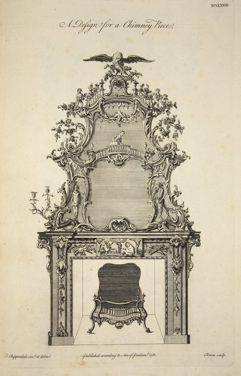 Design til et skorstensstykke, pub. 1761 af Thomas after Chippendale