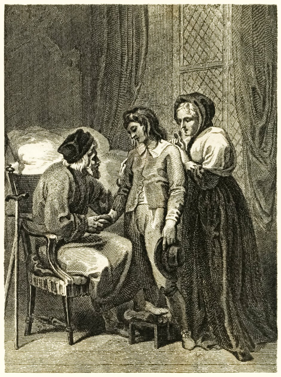 ?Robinson Crusoe? frontispice-illustration, der viser Crusoe, der tager afsked med sin far og mor. Fra ?The Life and Strange Surprising Adventures of Robinson Crusoe, or York, Mariner? af Daniel Defoe af Thomas Stothard