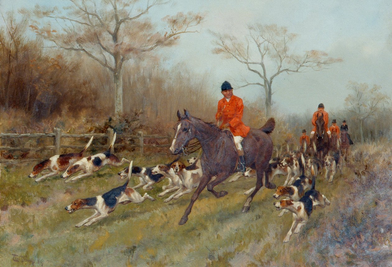 Jægere og hunde i et træbevokset landskab af Thomas Blinks