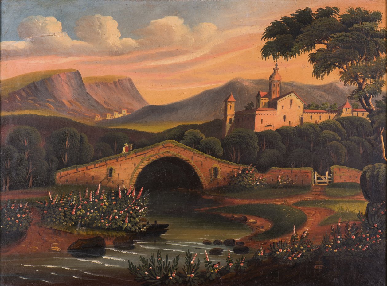 Italiensk scene med bro, 1840-1860 af Thomas Chambers