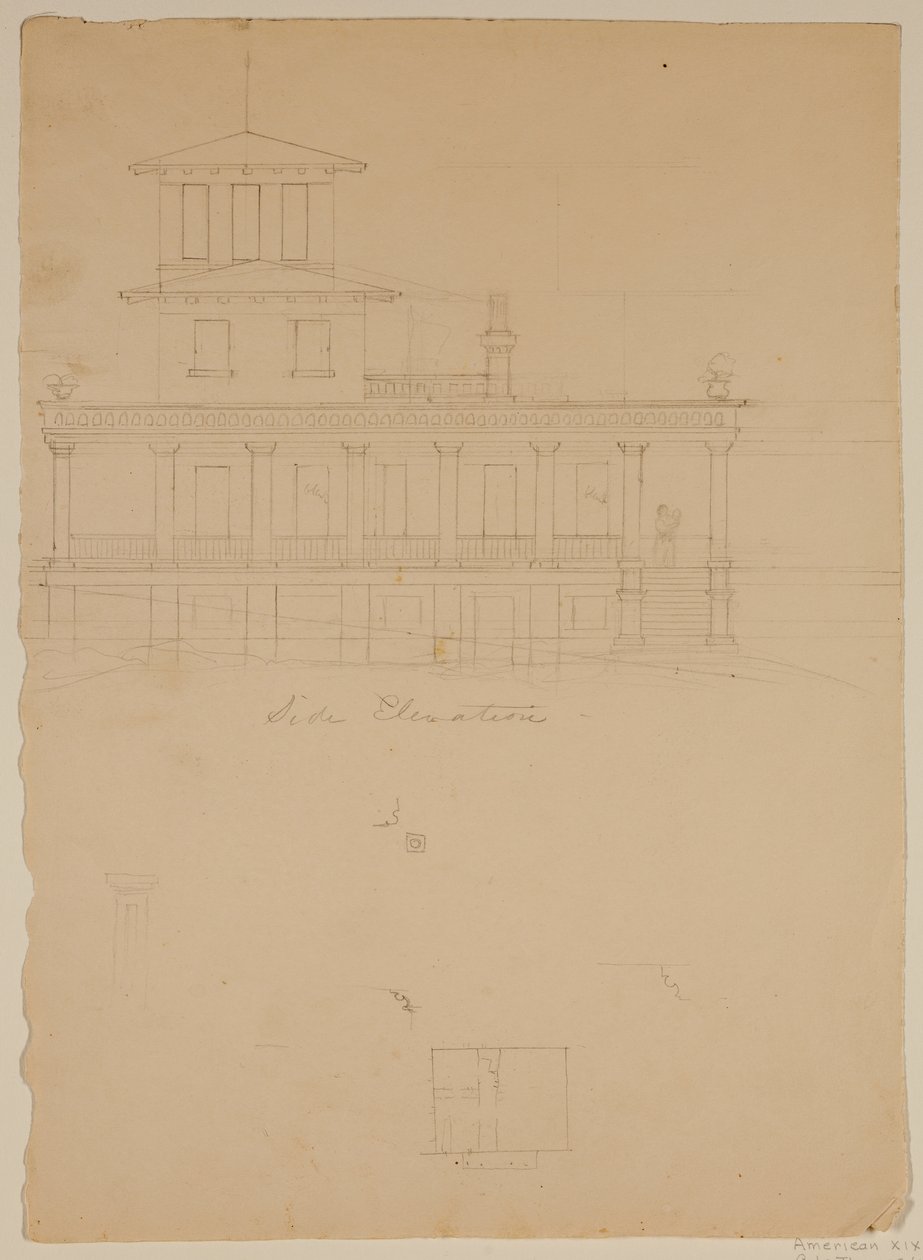 Side elevation af foreslået villa ved Catskill af Thomas Cole