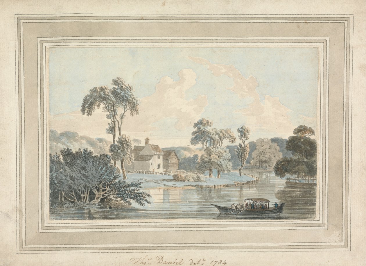 Bondegård, flod og pram af Thomas Daniell