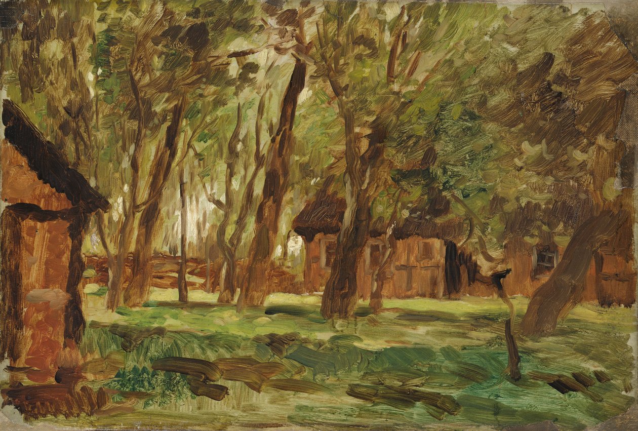Gård under træer (olie på papir) af Thomas Ludwig Herbst