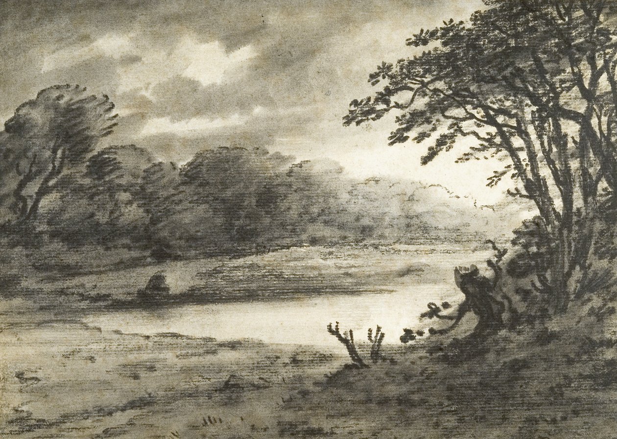 Lake Scene (kul og lakering på papir) af Thomas Monro