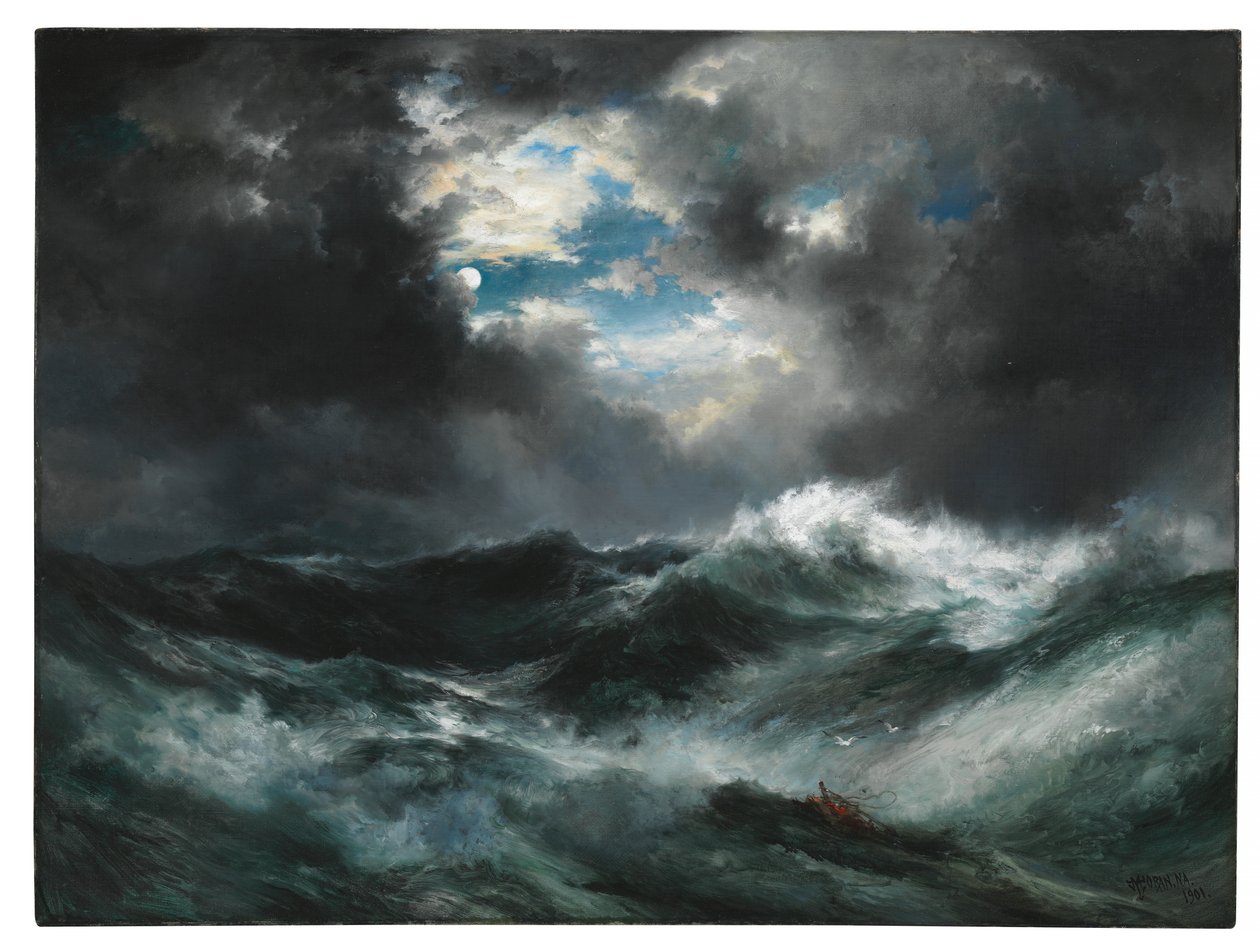 Månebelyst skibsvrag til søs af Thomas Moran
