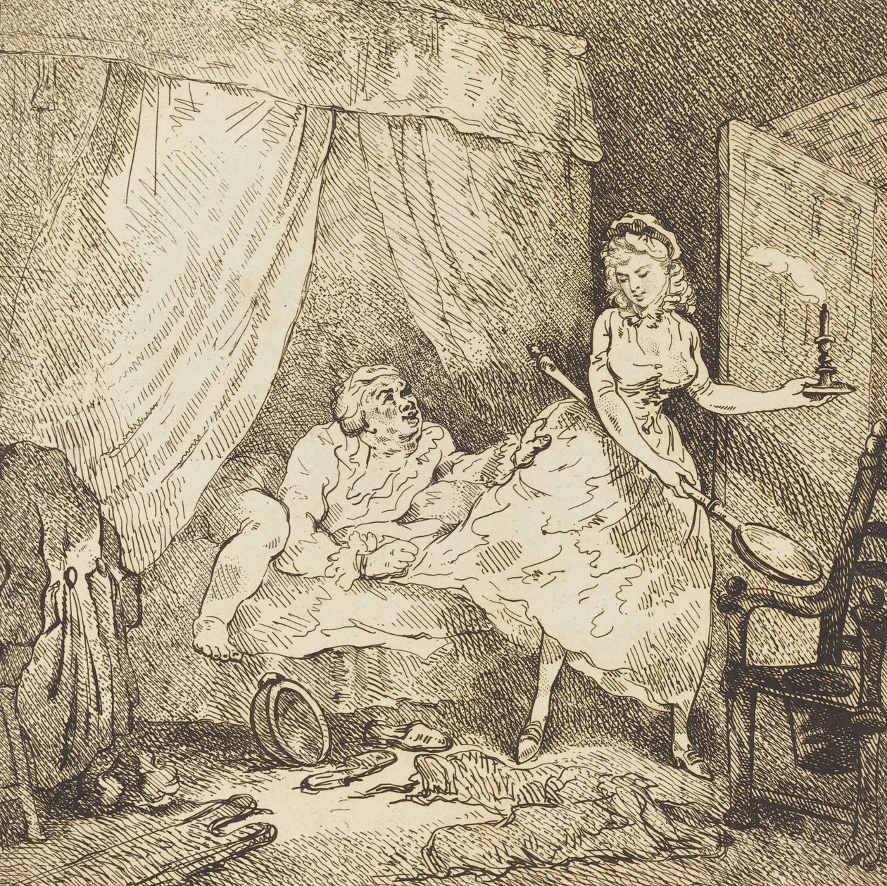 En sengevarmer, ca. 1785. af Thomas Rowlandson