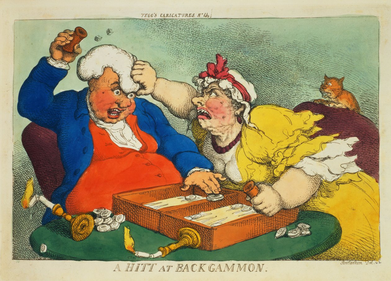 A Hitt at Backgammon (farvet radering) af Thomas Rowlandson