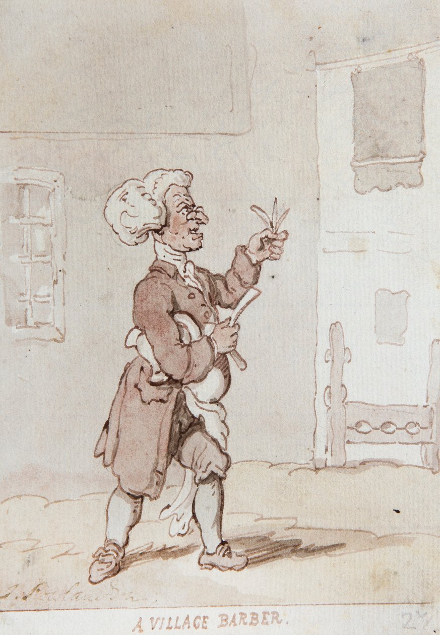 En landsbybarber (blæk og akvarel) af Thomas Rowlandson