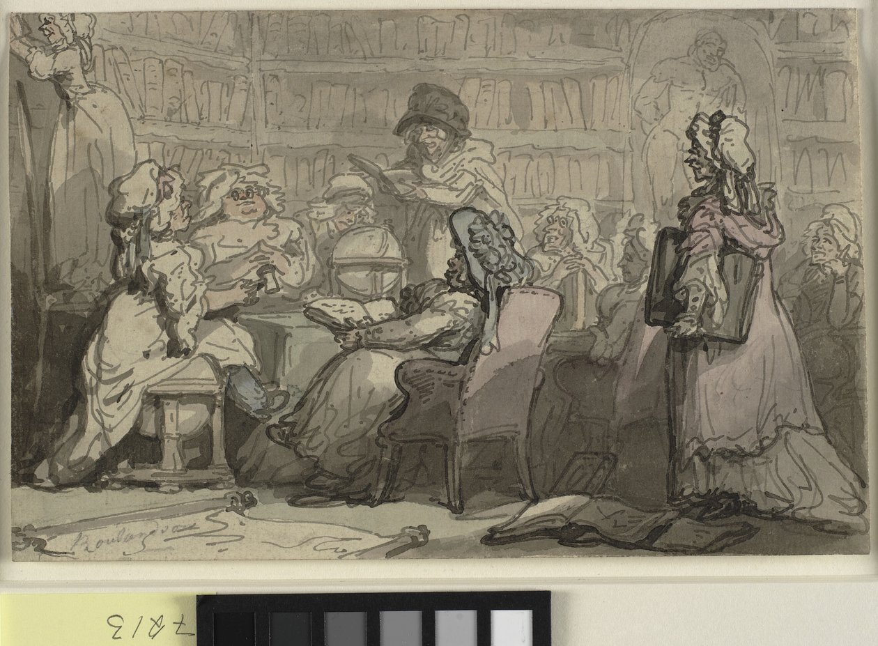 Et blåstrømpeklubmøde på et bibliotek af Thomas Rowlandson