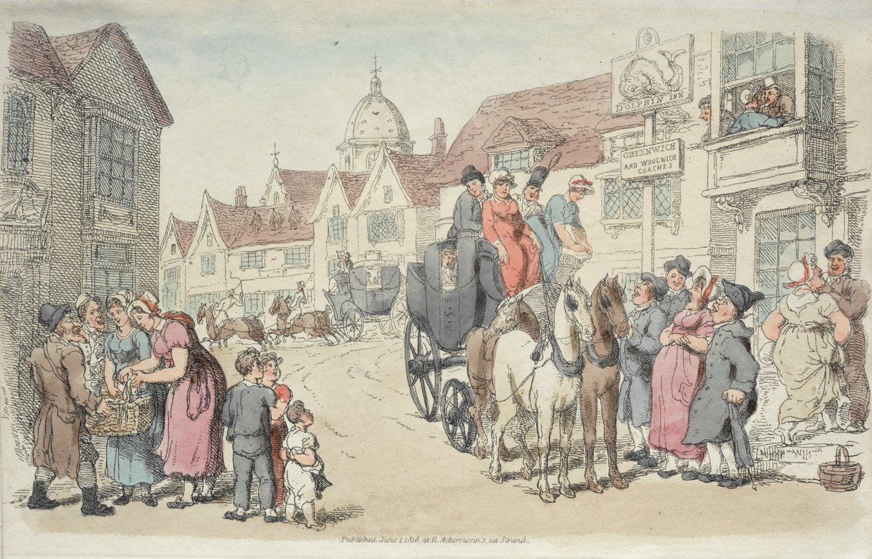 Dolphins Inn: Greenwich og Woolwich Coaches af Thomas Rowlandson