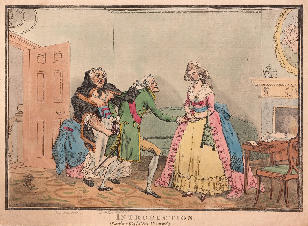 Introduktion, pub. 1793 (håndfarvet gravering) af Thomas Rowlandson