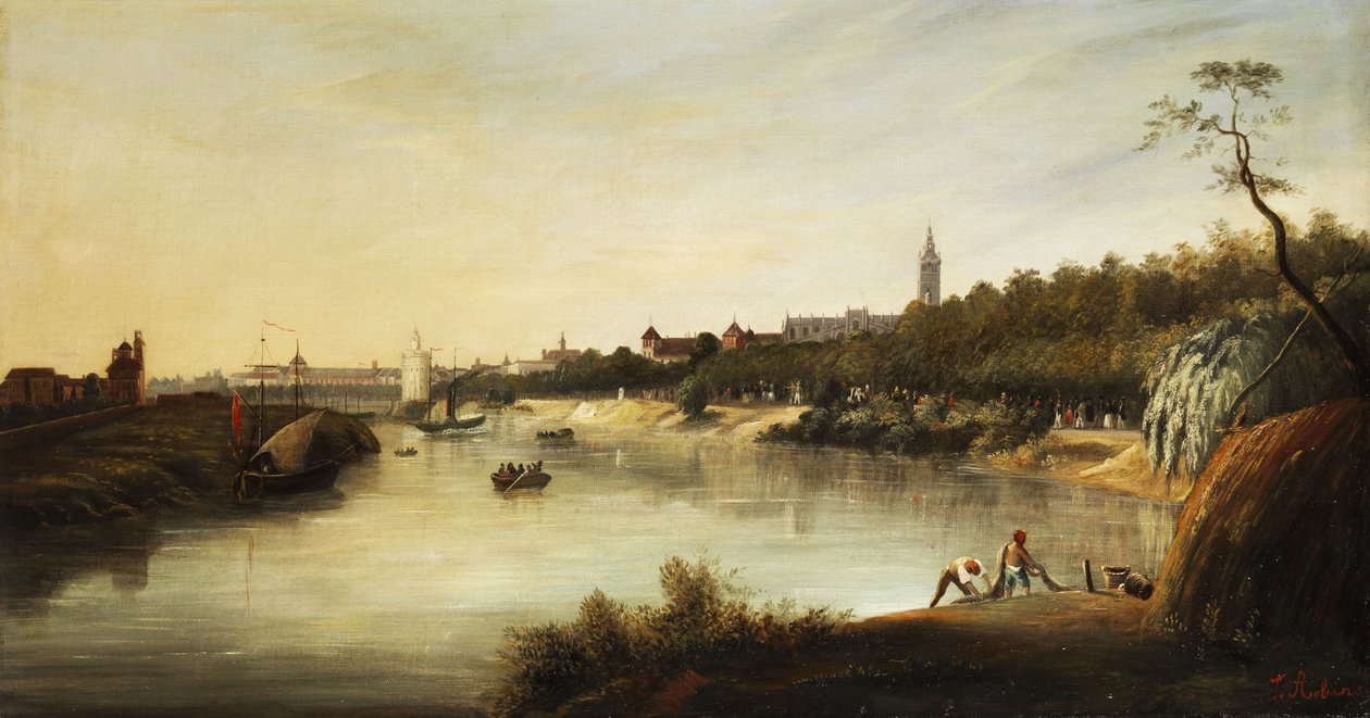 Udsigt over en engelsk (?) by af Thomas Sewell Robins
