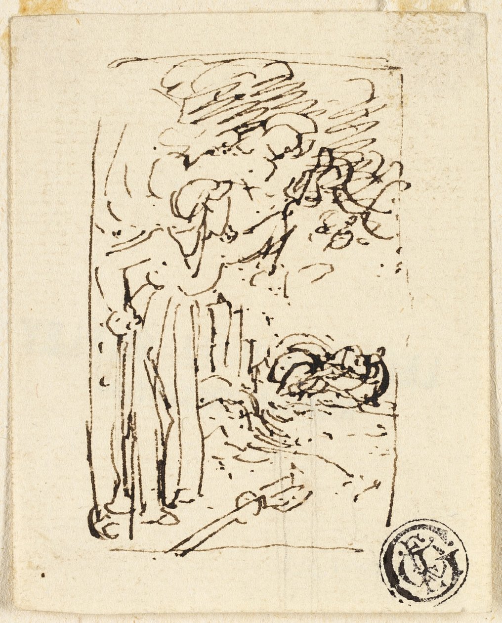 Skitse af figur lænet på stok af Thomas Stothard