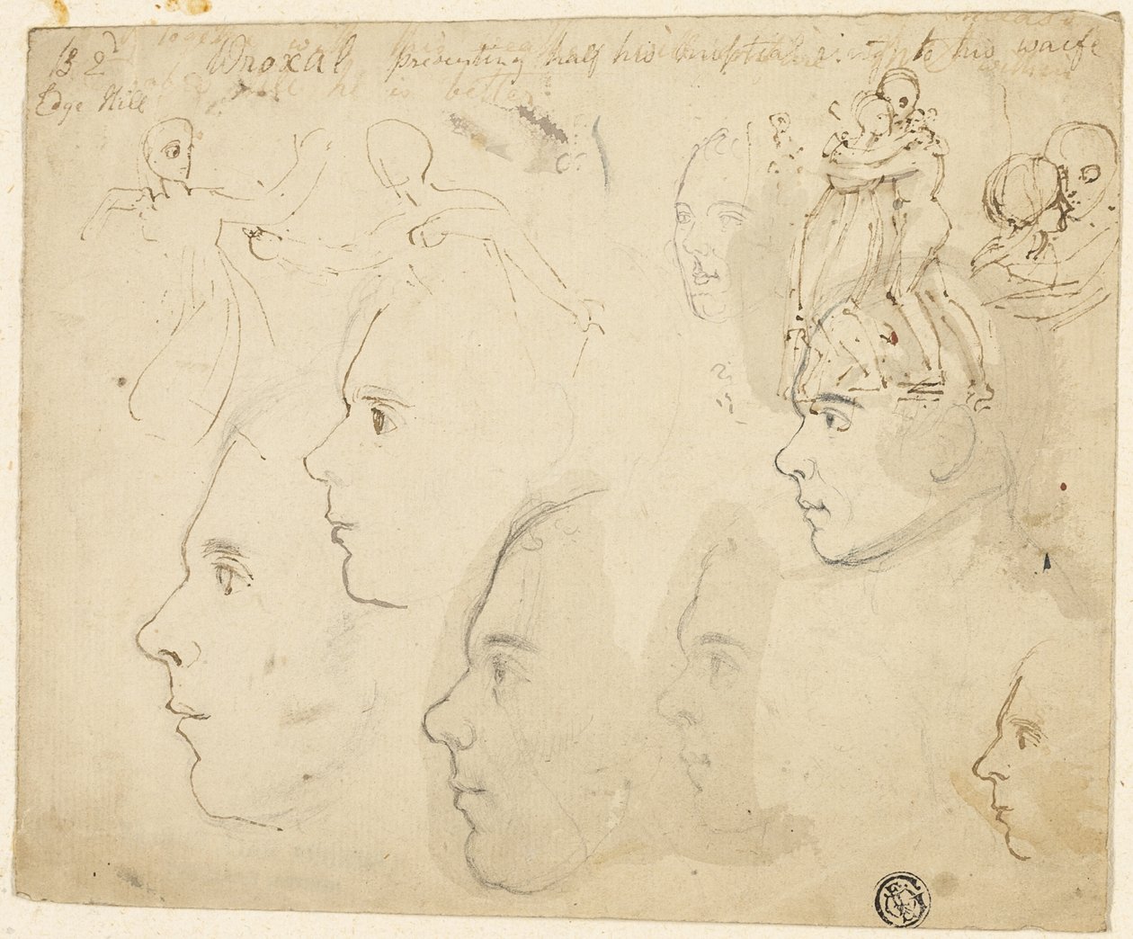 Skitser af mandlige profiler, par omfavnende af Thomas Stothard