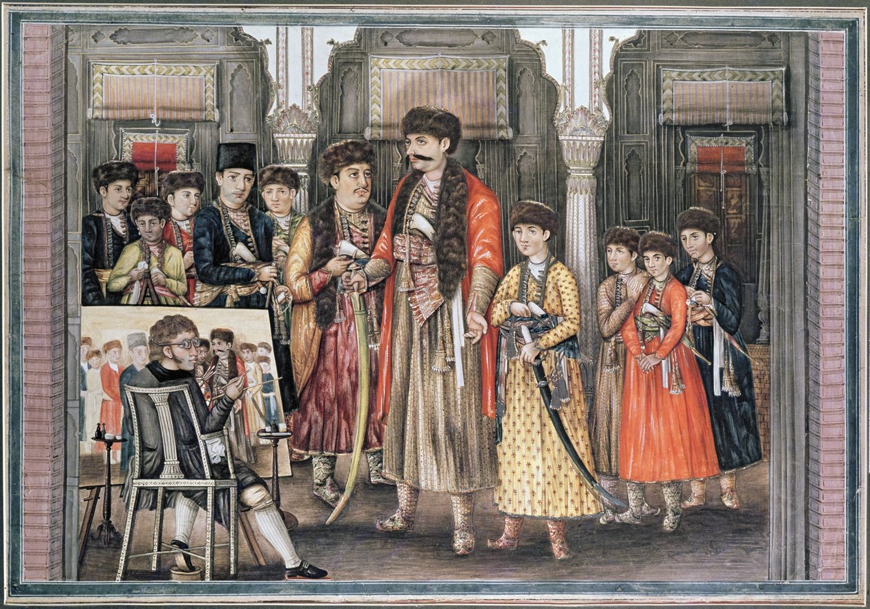 Shuja ud-daula, Nawab af Oudh (1754-75) og hans ti sønner, indgraveret af P. Renault, 1796 (farvet akvatint) af Tilly Kettle