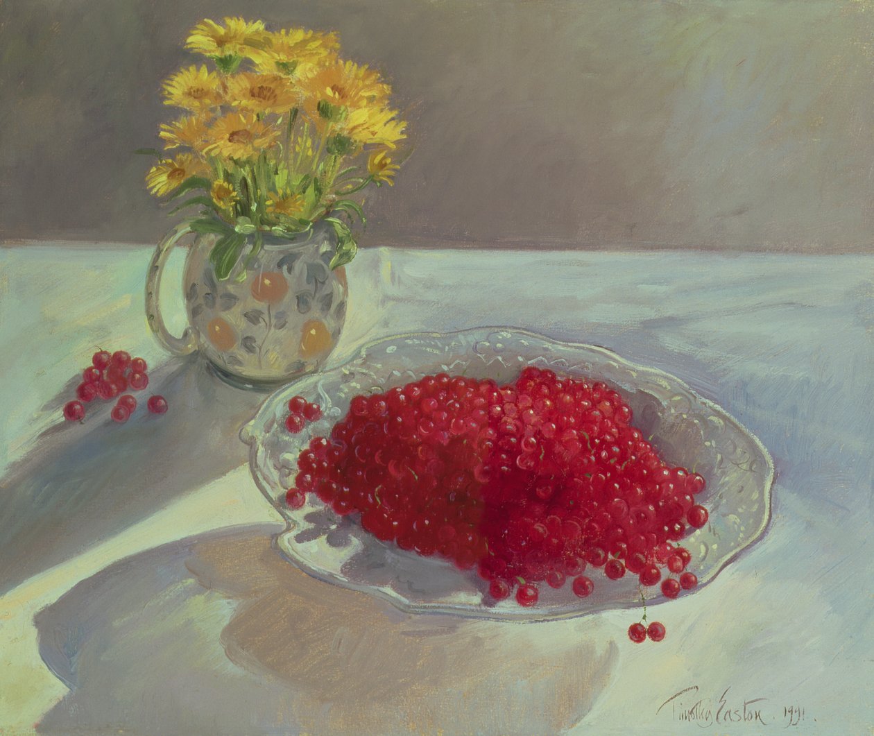 Stilleben med solbær og morgenfruer, 1991 af Timothy Easton