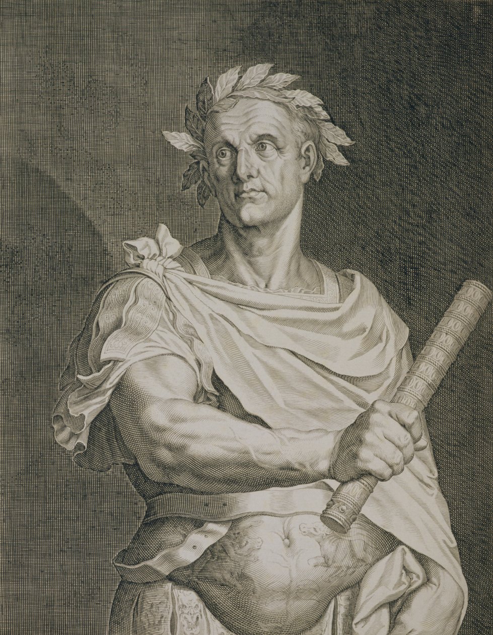 C. Julius Cæsar (100-44 f.Kr.) Kejser af Rom graveret af Aegidius Sadeler (1570-1629) af Tiziano Vecelli