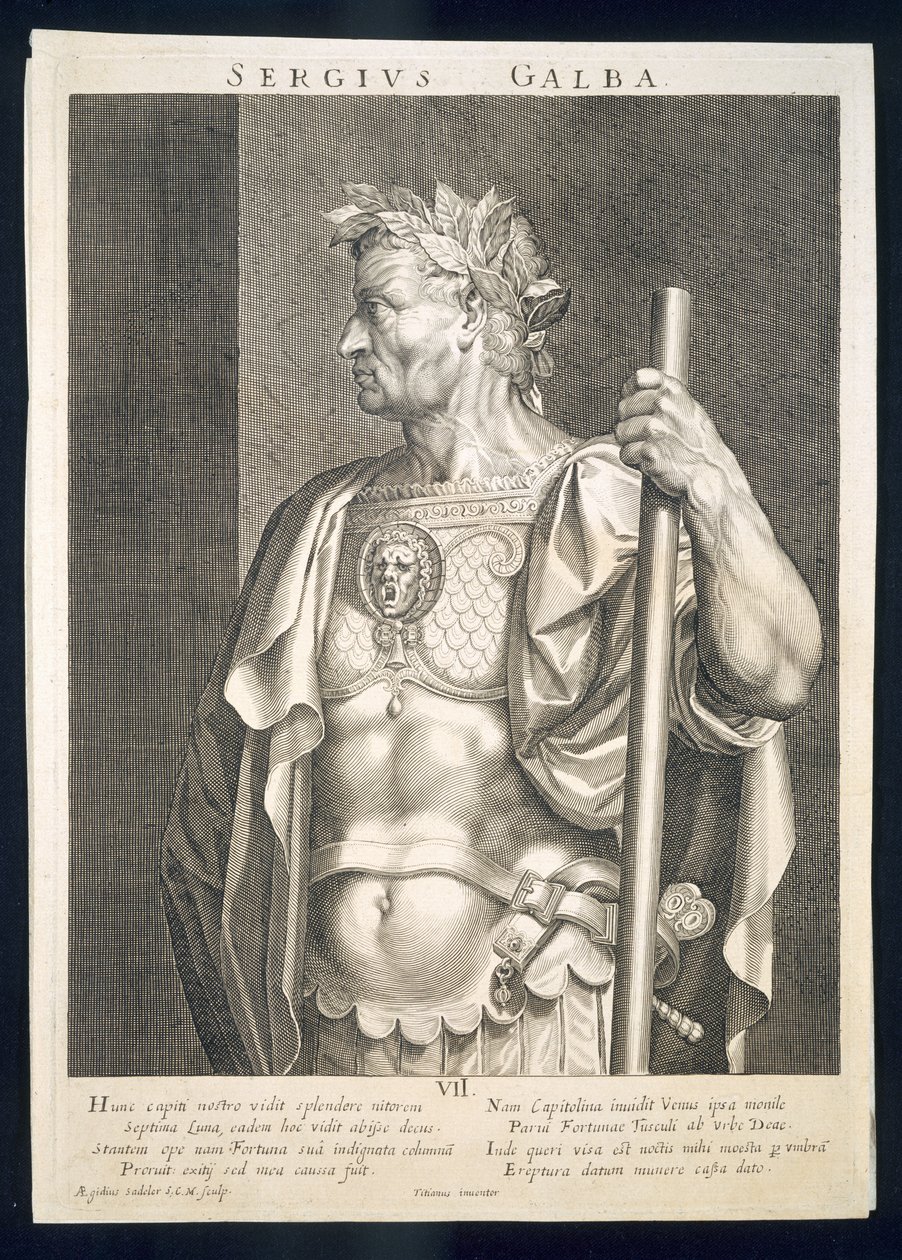 Sergius Galba, kejser af Rom 68 e.Kr. indgraveret af Aegidius Sadler (1570-1629) af Tiziano Vecelli