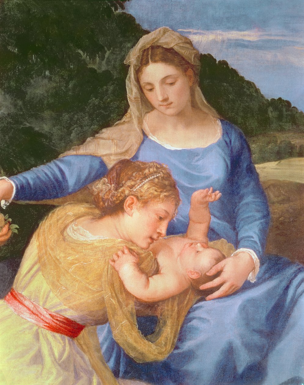Jomfruen og barnet med St. Johannes Døberen og en kvindelig helgen, detalje af Jomfruen, Kristusbarnet og kvindelig helgen, ca. 1530-35 olie på lærred af Tiziano Vecelli