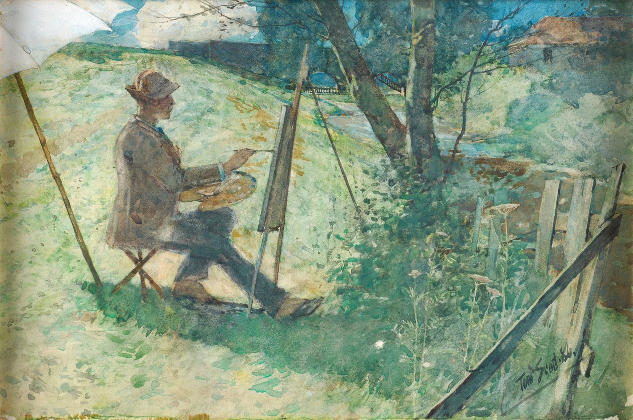 Artist Painting by a Burn, 1886 (wc med forhøjning på papir) af Tom Scott