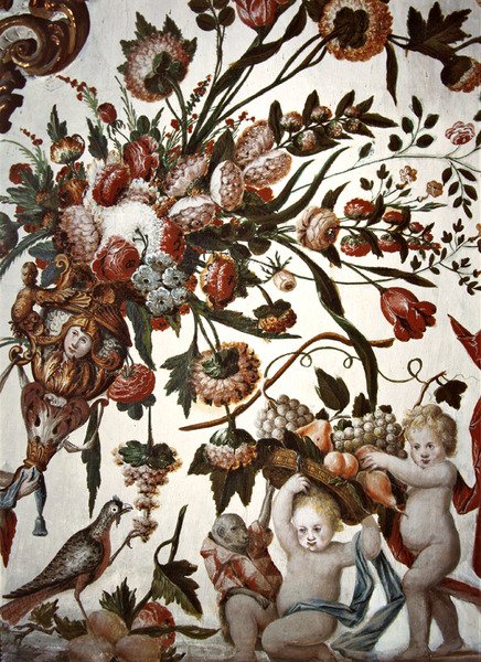 Indretning genoplivet med blomster, putti og en fugl (se også 387308) af Tomas Ferrer