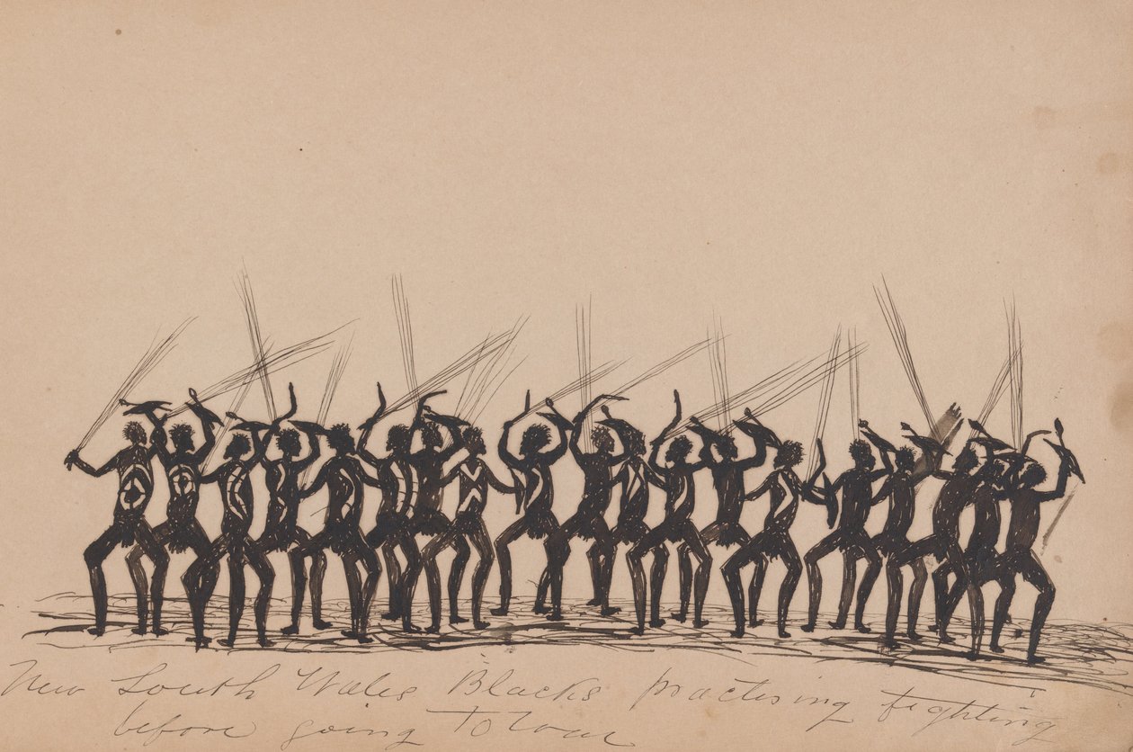 Kwat Kwat -mennesker - New South Wales Sorte øver sig i at kæmpe, før de går i krig -Skitsebog over aboriginale aktiviteter af Tommy McRae