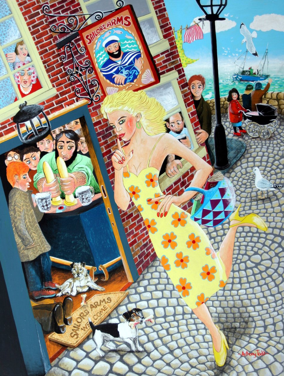 Gossamer Beynon skolelæreren passerer Sailors Arms og hendes mange beundrere, 2005 (akryl på panel) af Tony Todd