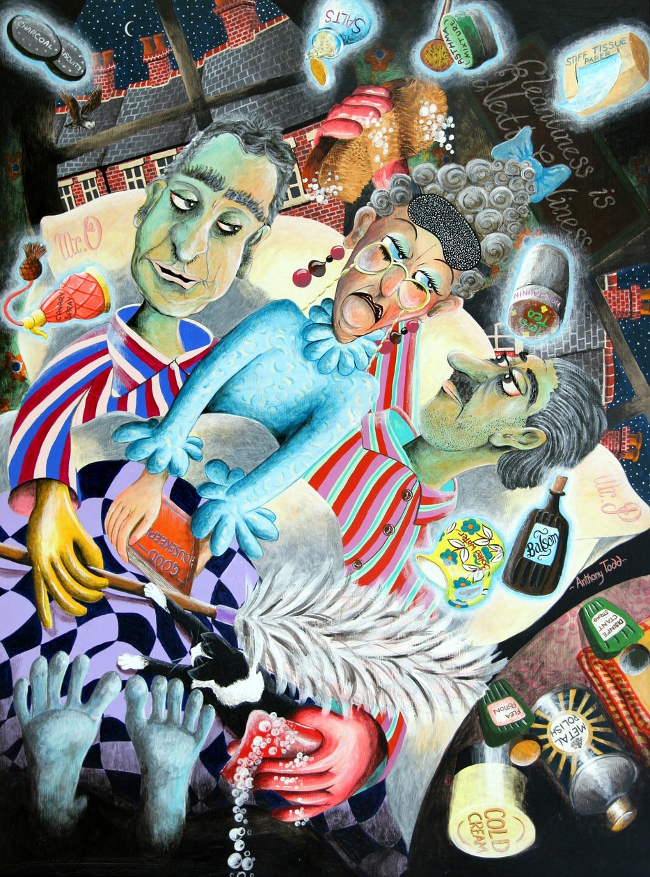 Fru Ogmore-Pritchard nager hver aften sine spøgelsesagtige ægtemænd, 2005 (akryl på panel) af Tony Todd