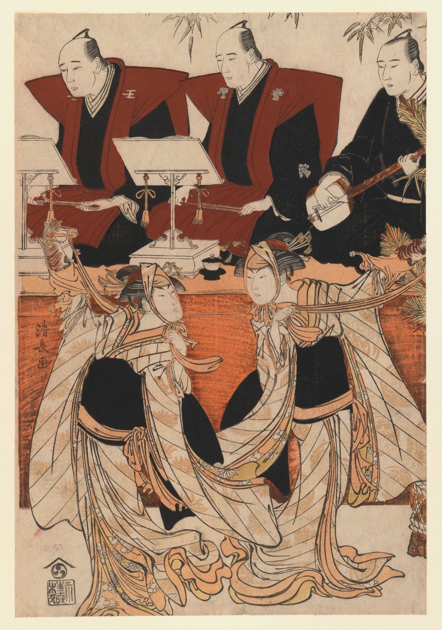 Two actors as Iwai Hanshiro IV and Segawa Kikunojo III in the Karukoma dance, accompanied by Joruri recitation, c.1783 (colour woodblock print) af Torii Kiyonaga