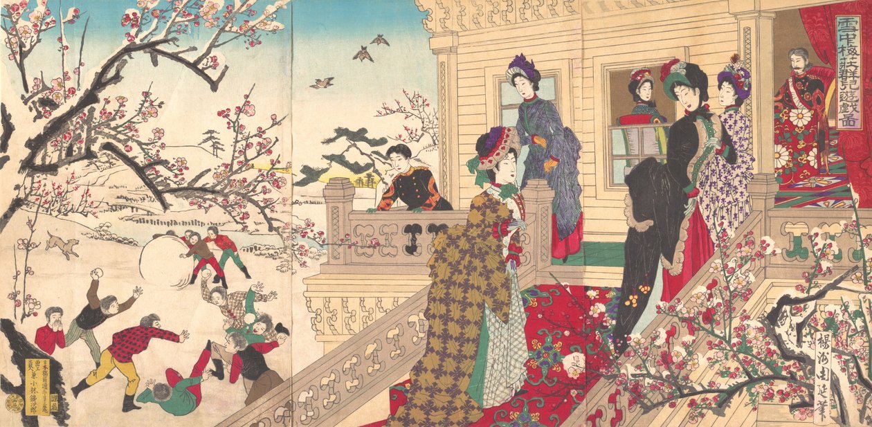 Børn leger i sneen under blommetræer i blomst, 1887 (træbloktryk) af Toyohara Chikanobu