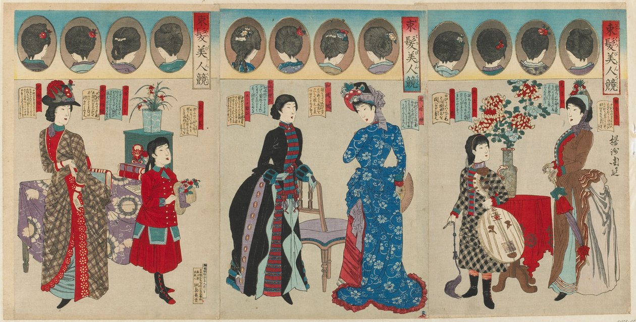 Sammenligning af smukke kvinder i vestlige frisører, Meiji-æraen, 1887 (træblok i farver) af Toyohara Chikanobu