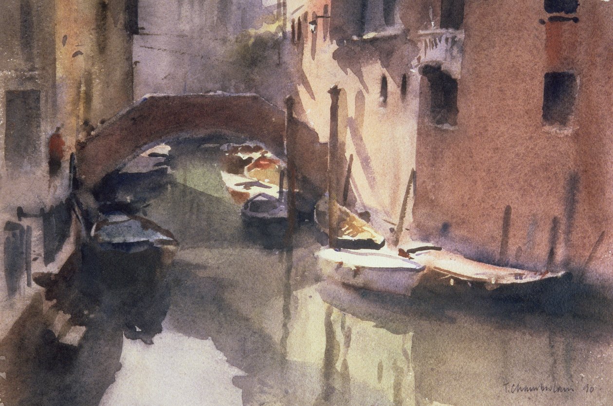 A Quiet Canal in Venedig, 1990 (wc på papir) af Trevor Chamberlain