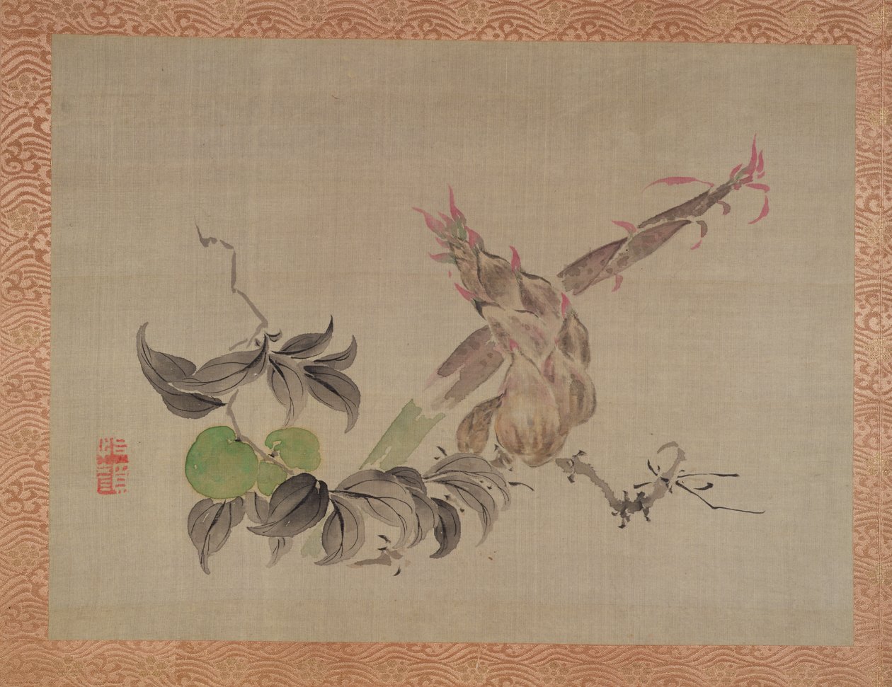 Æble og blomstrende plante, 1851 (akvarel på silke) af Tsubaki Chinzan