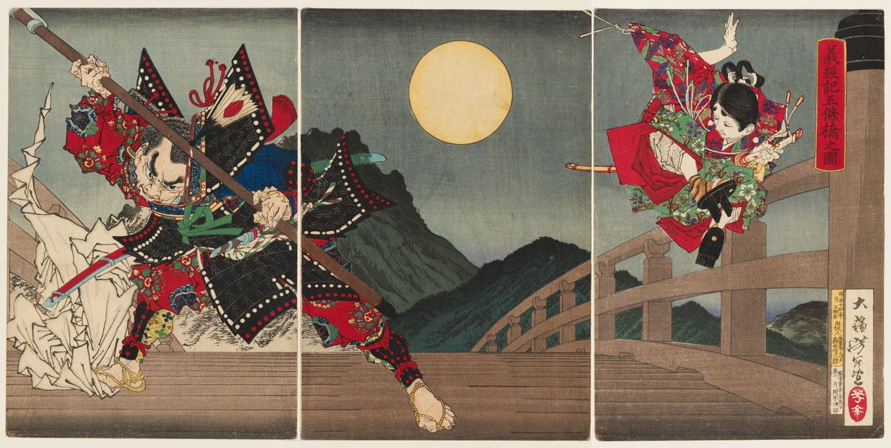Yoshitsune og Benkei ved Gojō Bridge af Tsukioka Yoshitoshi