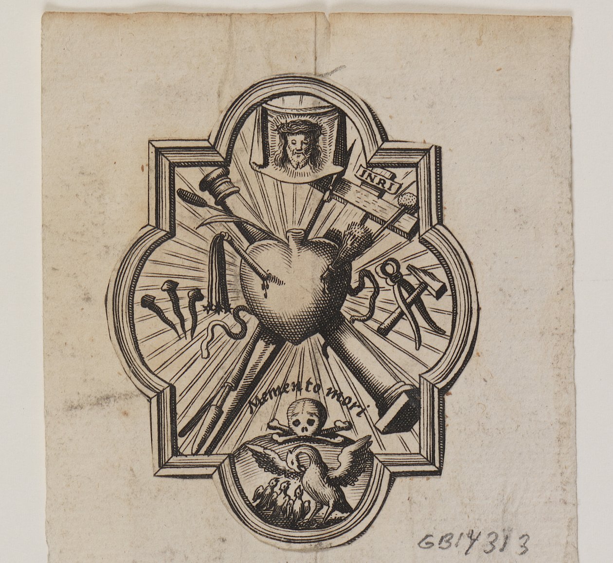 Emblem med et gennemboret hjerte og passionsredskaberne af Ubekendt