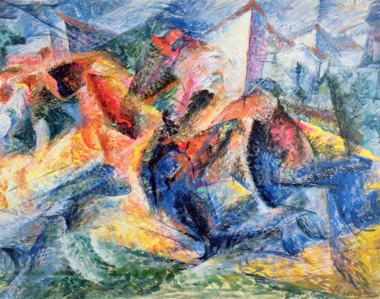 Hest og rytter og bygninger, 1914 af Umberto Boccioni