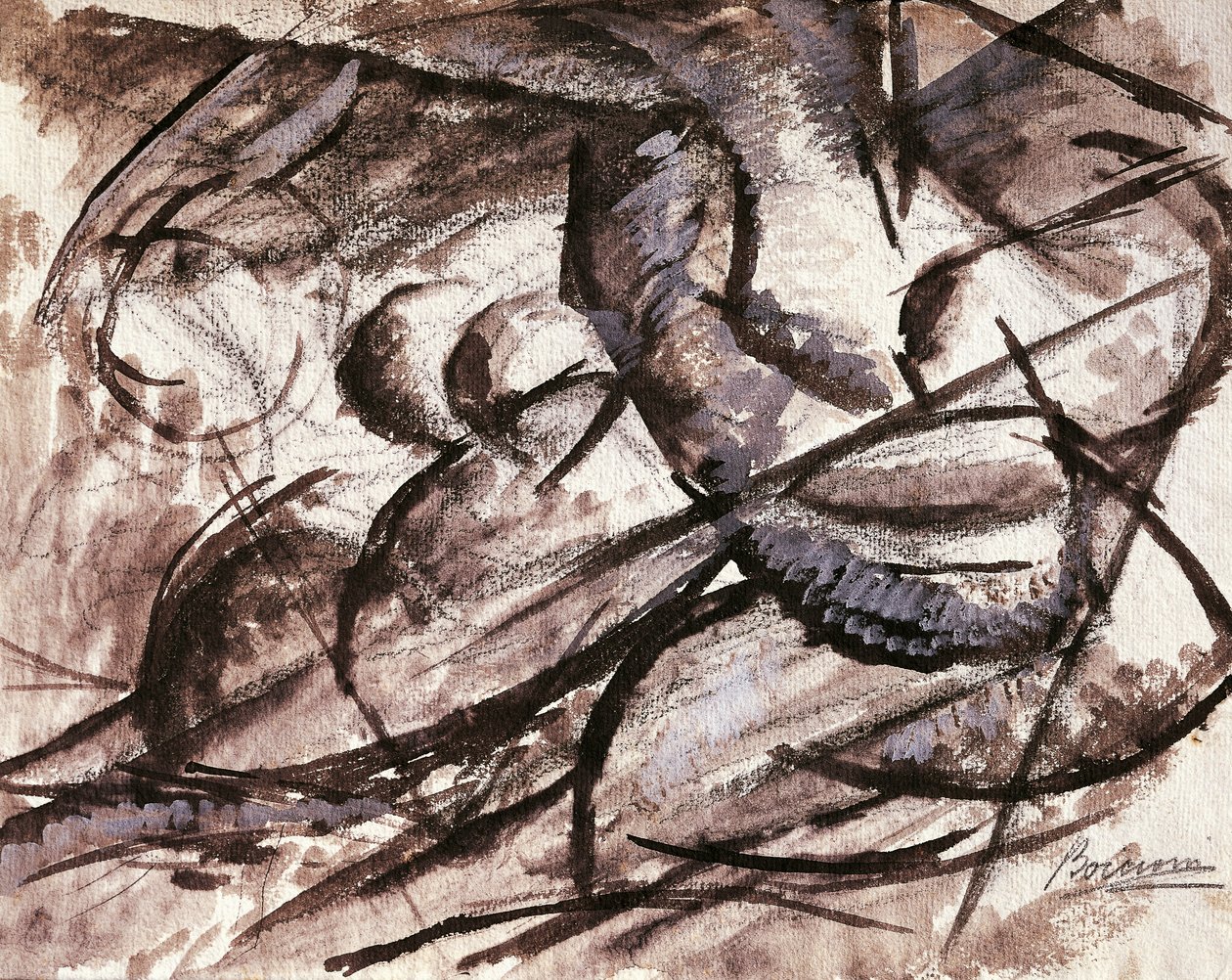 Dynamisme (kul, blæk, tempera og akvarel) af Umberto Boccioni