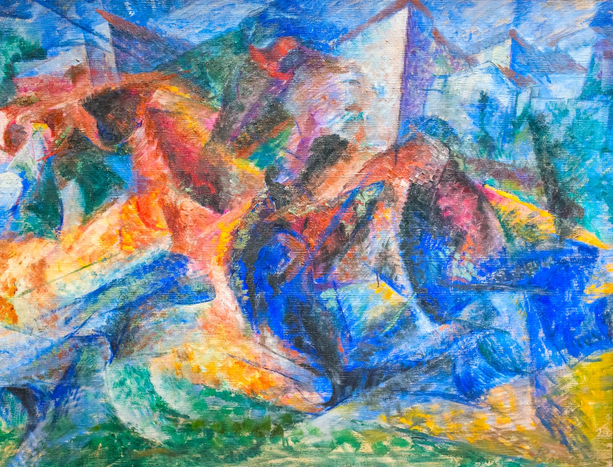 Hest, rytter og bygninger af Umberto Boccioni