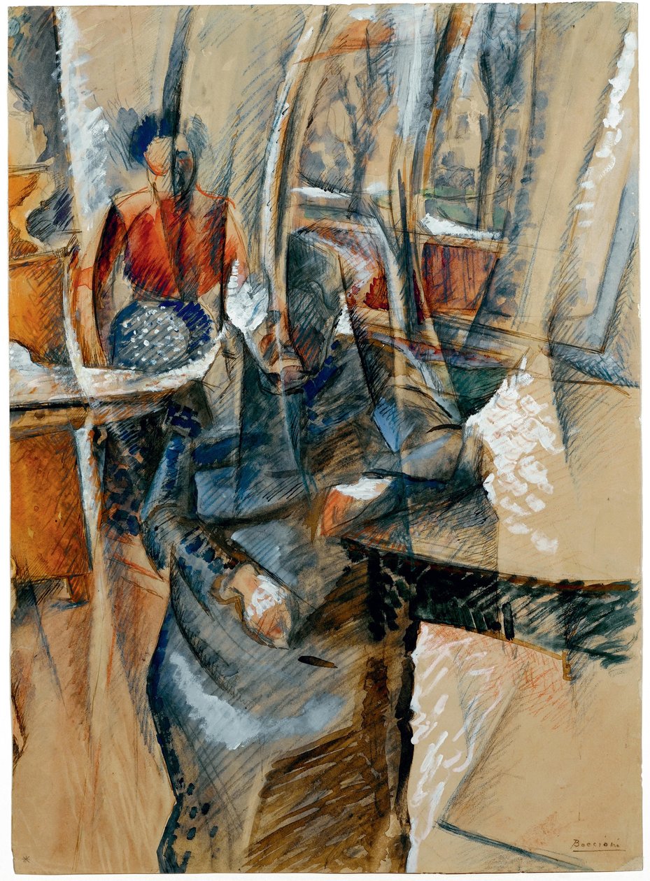 Interiør med to kvindefigurer, 1916. af Umberto Boccioni
