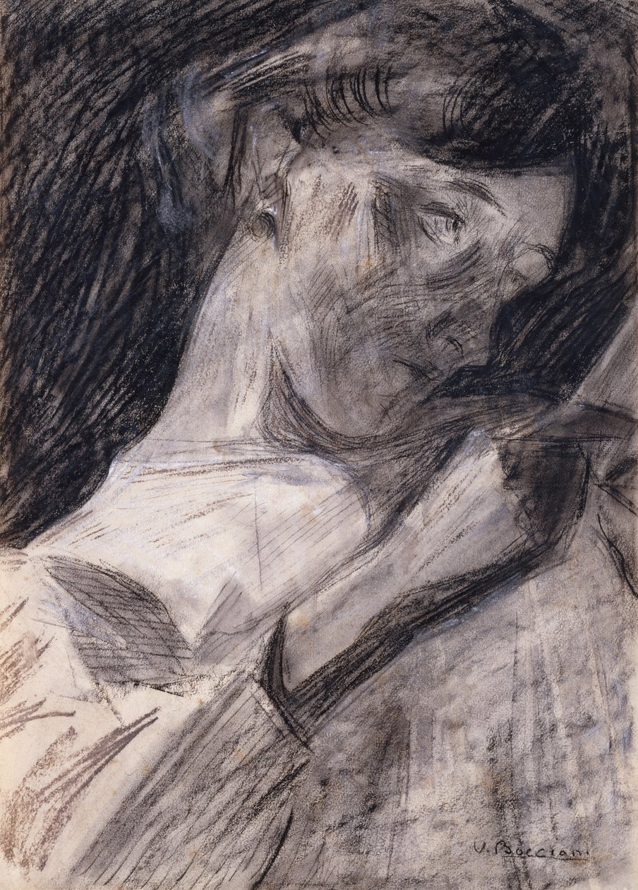 Ung kvinde læser Ines, 1909-10. af Umberto Boccioni