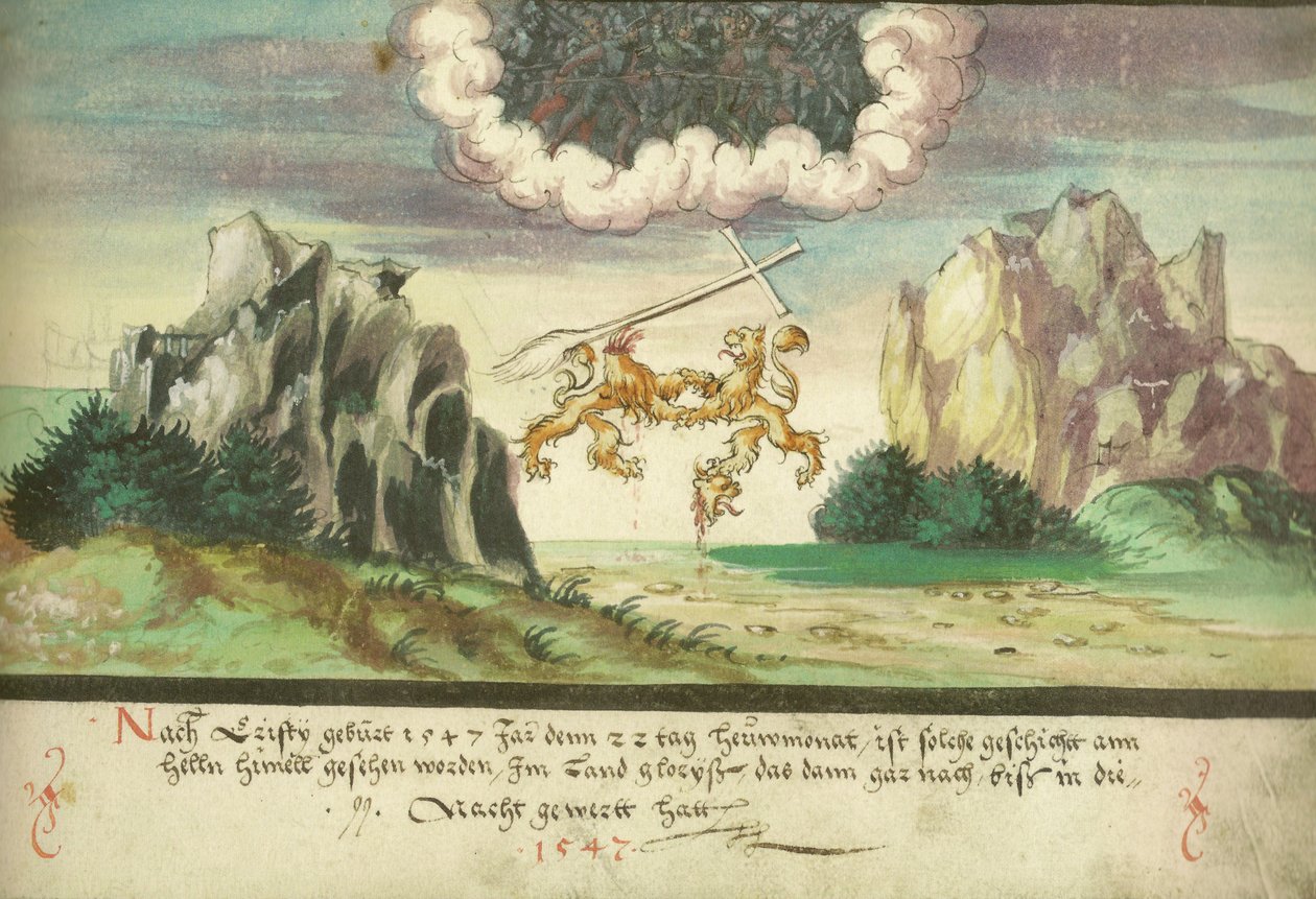Augsburger Wunderzeichenbuch - Folio 157- Himmelsk kamp, ​​løver over Glarus af Unbekannt Unbekannt