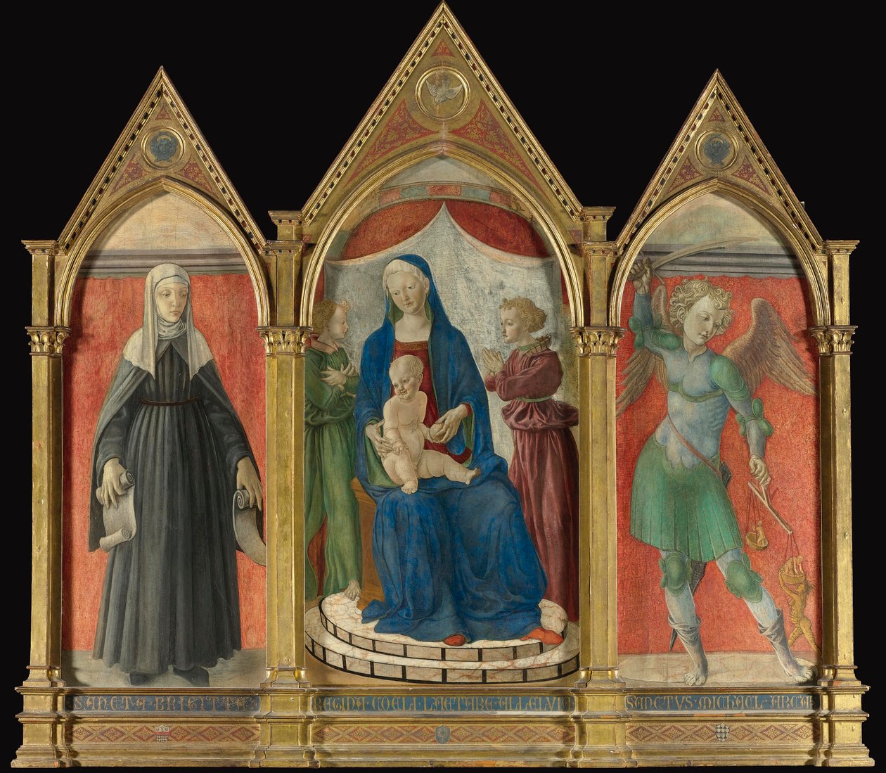 Maestro di Pratovecchio, triptyk med Majestæt, Santa Brigida og San Michele af Unbekannt Unbekannt
