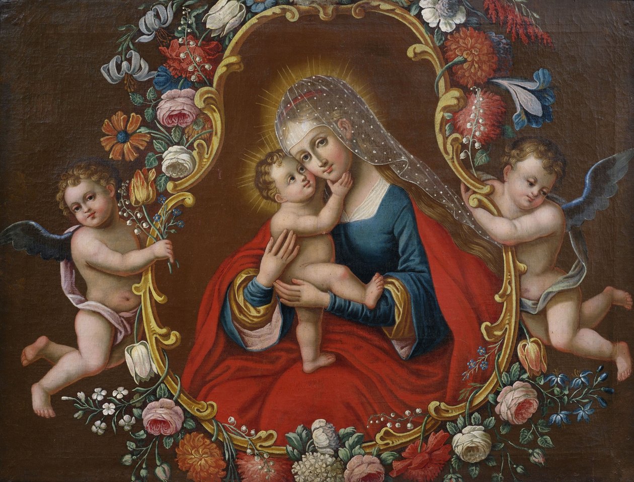 Maria med barnet (type Maria Hilf efter Cranach), indrammet af en blomsterkrans båret af engle af Unbekannt Unbekannt