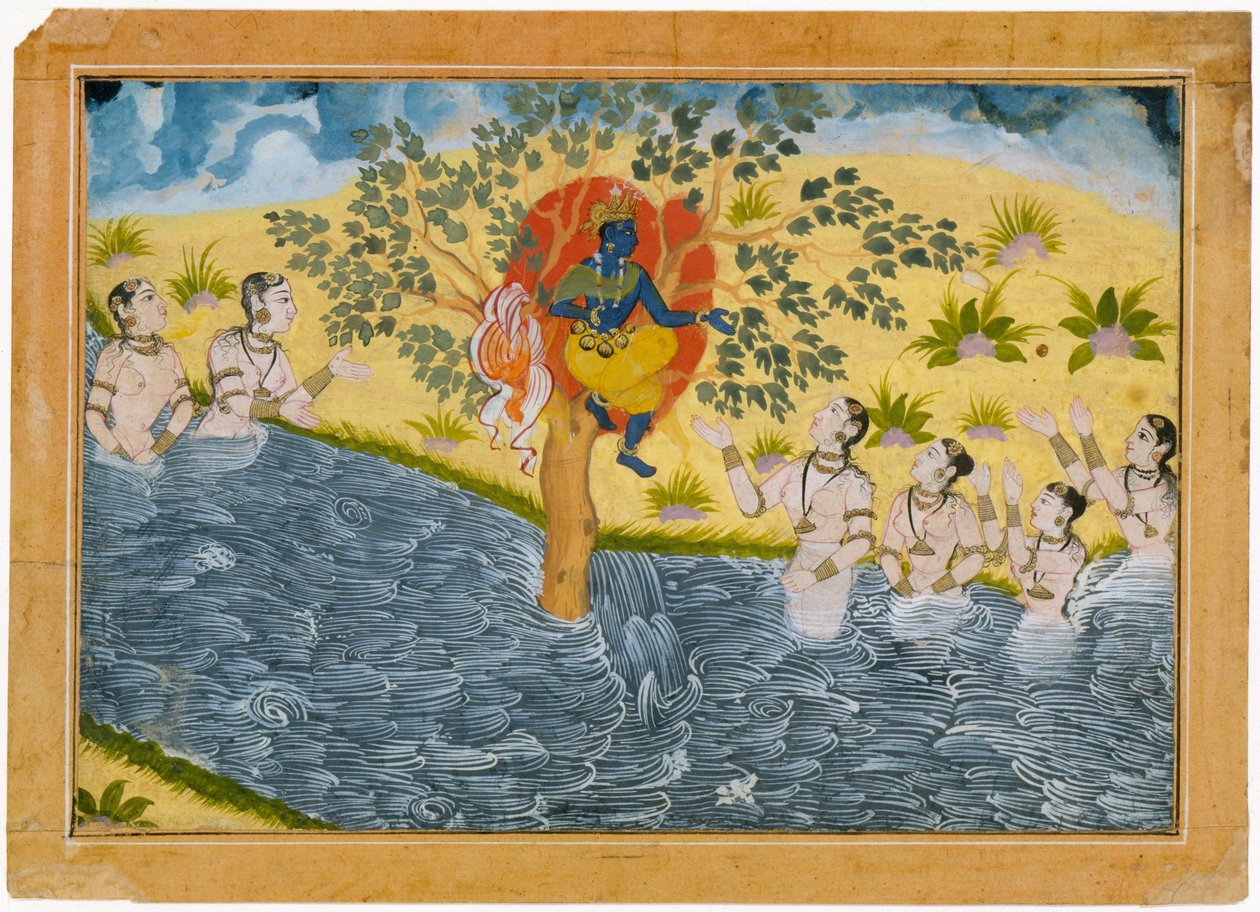 Gopierne beder Krishna om at returnere deres tøj. Folio fra en serie Bhagavata Purana (Ancient Stories of Lord Vishnu). af Unbekannt Unbekannt