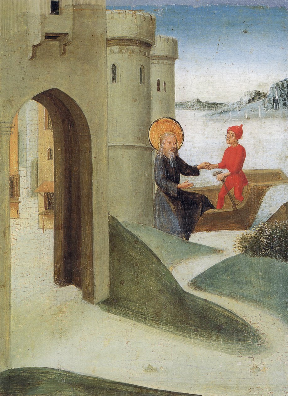 Weingartener Heilig-Blut-Tafel fra 1489. Landesmuseum Württemberg, Stuttgart.   Plade 4: Longinus forlader Jerusalem og tager til Italien på et skib af Unbekannt Unbekannt