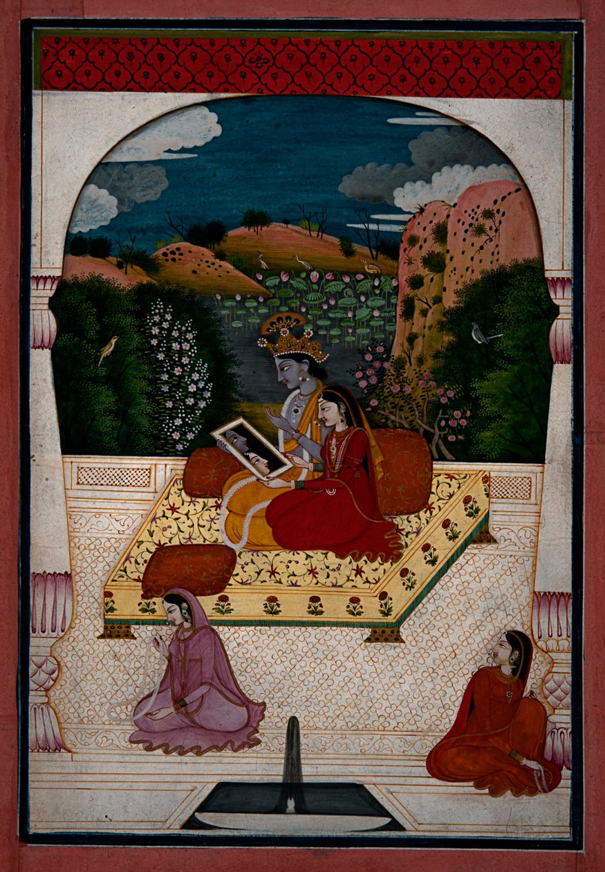 Krishna og Radha kigger ind i et spejl. af Unbekannt Unbekannt
