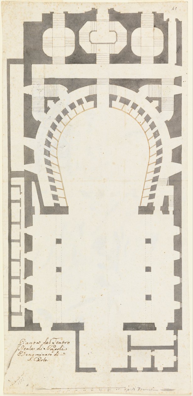 Plan for det kongelige teater i Napoli kaldet Di San Carlo (grundplan for San Carlo -teatret, Nap ... af Unbekannt Unbekannt